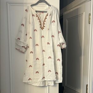 Pink chicken kids White Gauze Dress with Terracotta Rainbow Embroidery size 12